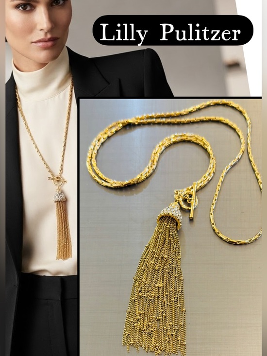 Lilly Pulitzer Jewelry - Lilly Pulitzer NECKLACE 🩷 GOLD CHAIN TASSEL CRYSTAL NECKLACE NWT “Fronds”TOGGLE